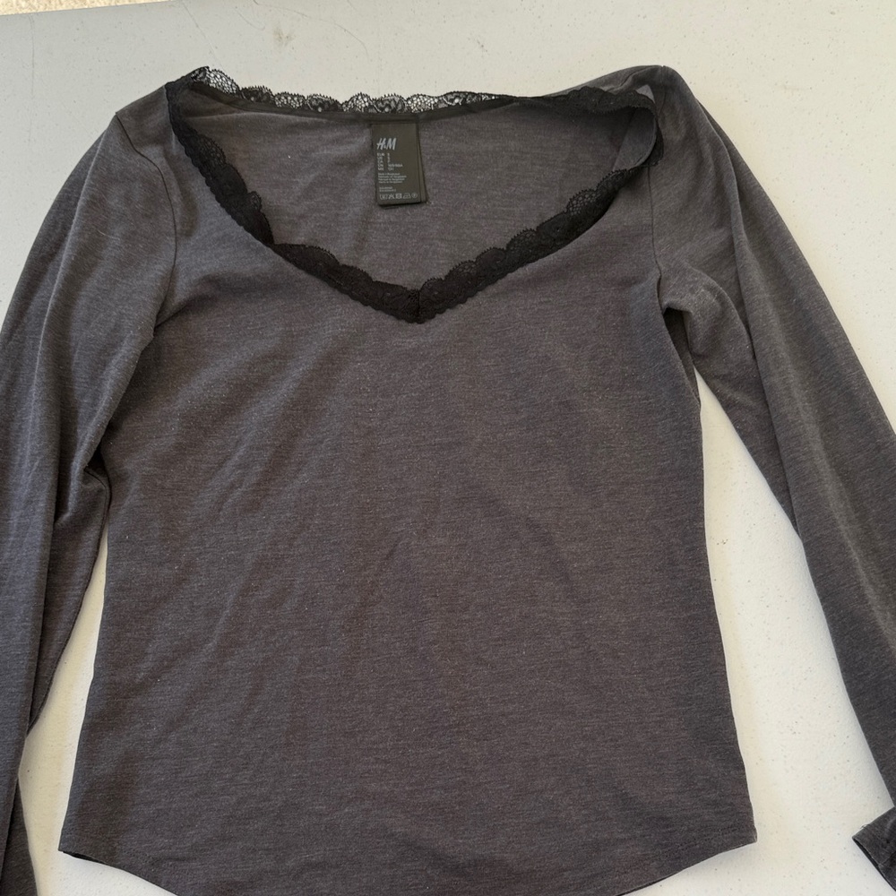 H&M Charcoal Long Sleeve Blouse with Black Lace Trim